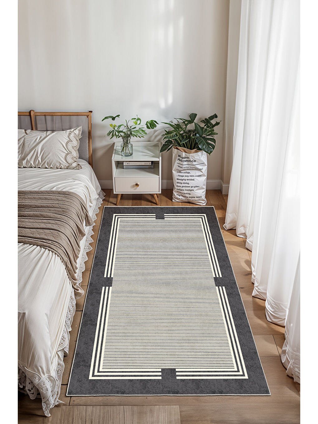 Antrasit Dekoratif Salon Halısı, Makinada Yıkanabilir, Kaymaz Taban, İnce & Modern Tasarım-2