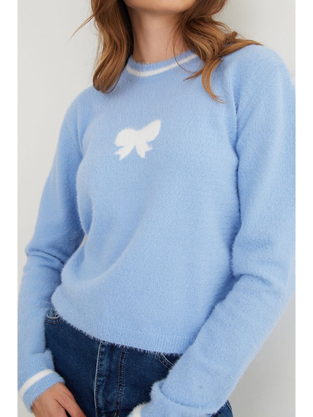 Mavi Kurdele Desenli Bisiklet Yaka Sakallı Kazak-3