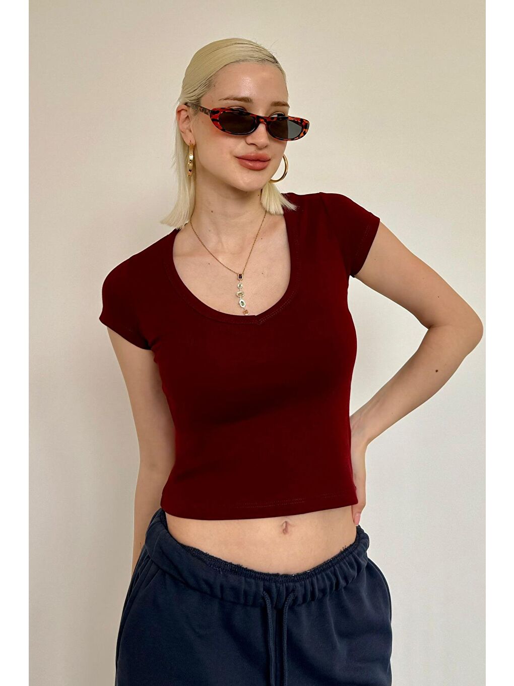 Bordo V Yaka Basic Kadın Tişört Mg2450-2