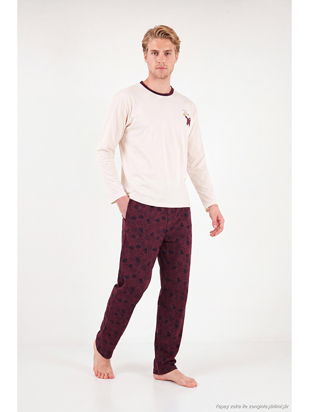 Bordo Baskılı Pamuklu Bisiklet Yaka Uzun Kollu Pijama Takımı 6575004-1