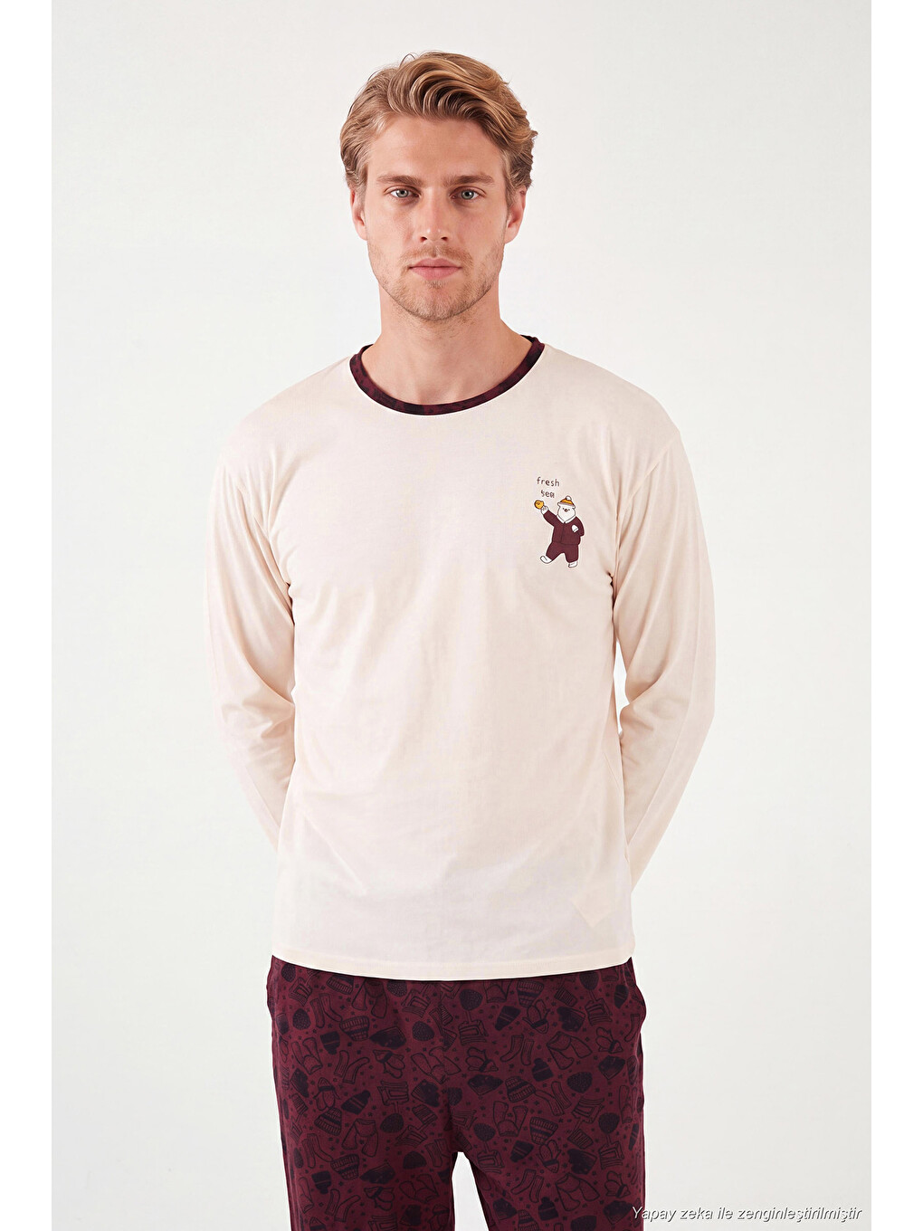 Bordo Baskılı Pamuklu Bisiklet Yaka Uzun Kollu Pijama Takımı 6575004-2
