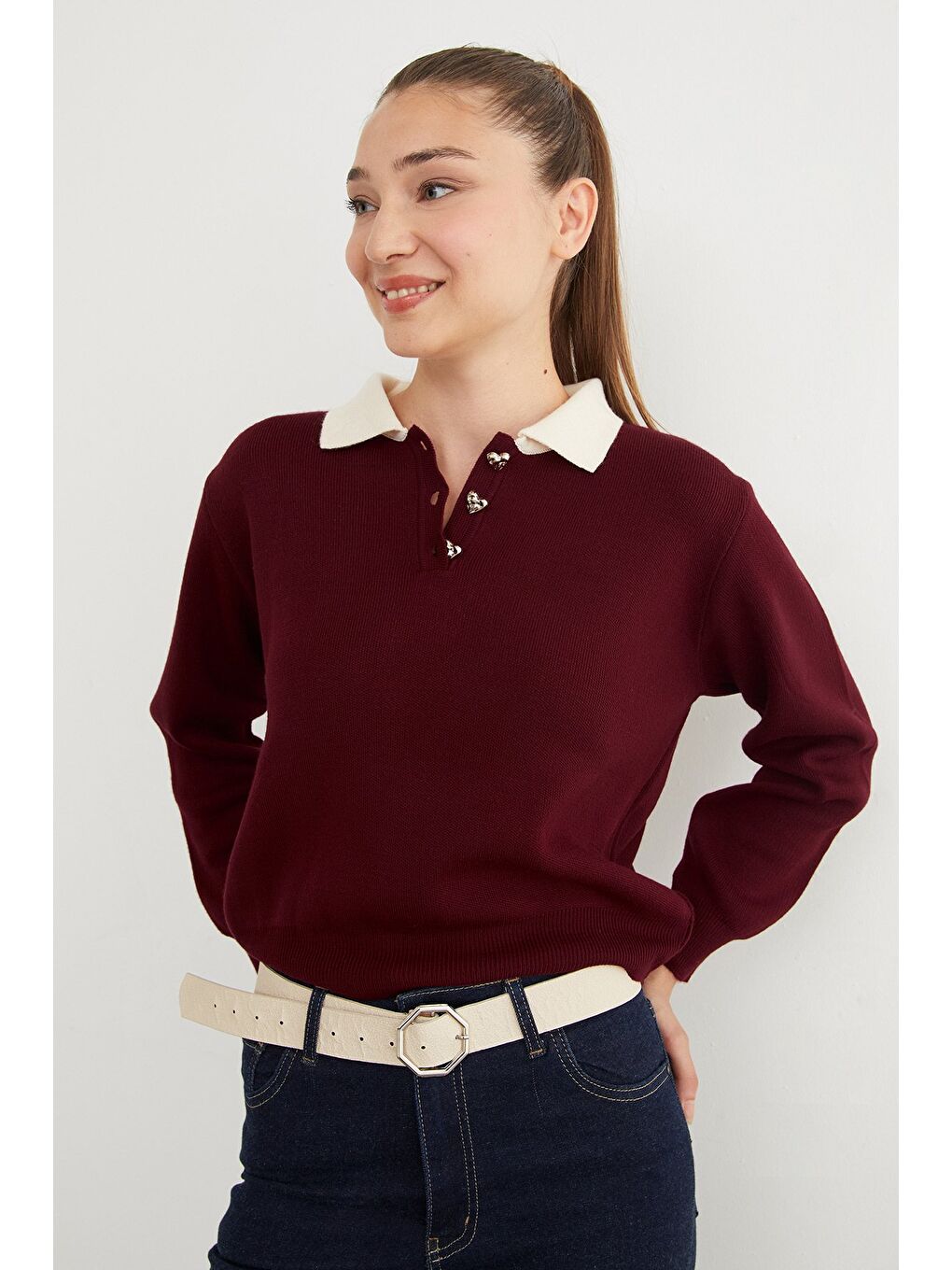 Bordo Basic Gömlek Yaka Yarım Düğmeli Triko Kazak-3