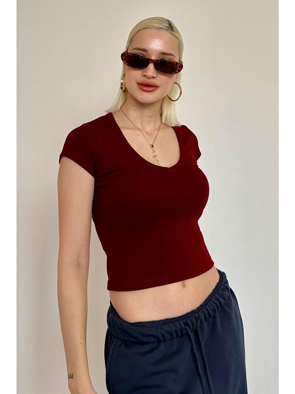 Bordo V Yaka Basic Kadın Tişört Mg2450-4