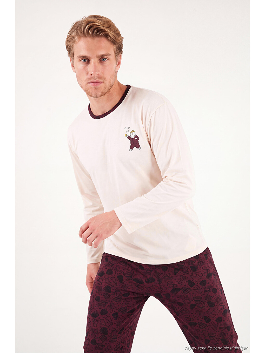 Bordo Baskılı Pamuklu Bisiklet Yaka Uzun Kollu Pijama Takımı 6575004-3