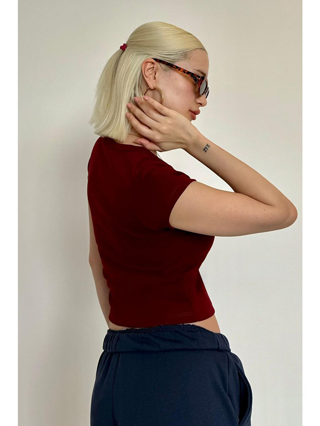 Bordo V Yaka Basic Kadın Tişört Mg2450-5