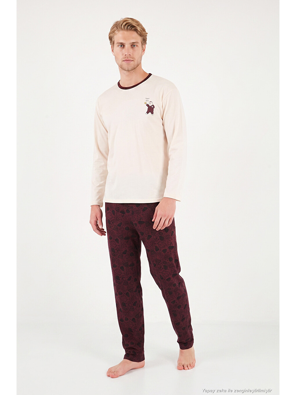 Bordo Baskılı Pamuklu Bisiklet Yaka Uzun Kollu Pijama Takımı 6575004-4