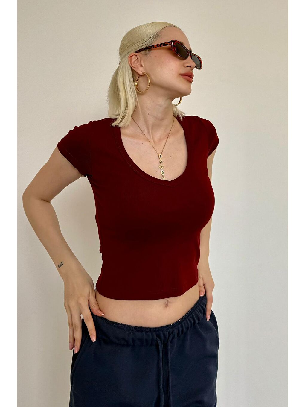 Bordo V Yaka Basic Kadın Tişört Mg2450-6
