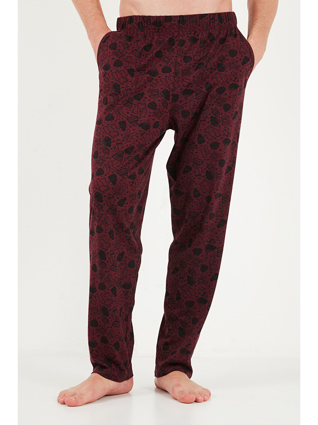 Bordo Baskılı Pamuklu Bisiklet Yaka Uzun Kollu Pijama Takımı 6575004-5