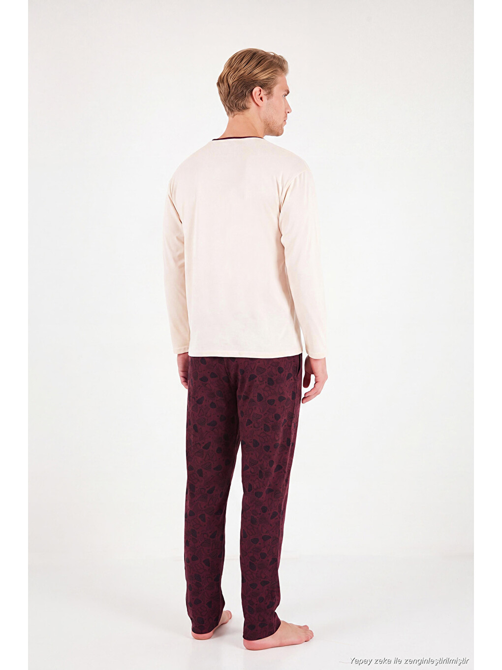 Bordo Baskılı Pamuklu Bisiklet Yaka Uzun Kollu Pijama Takımı 6575004-6