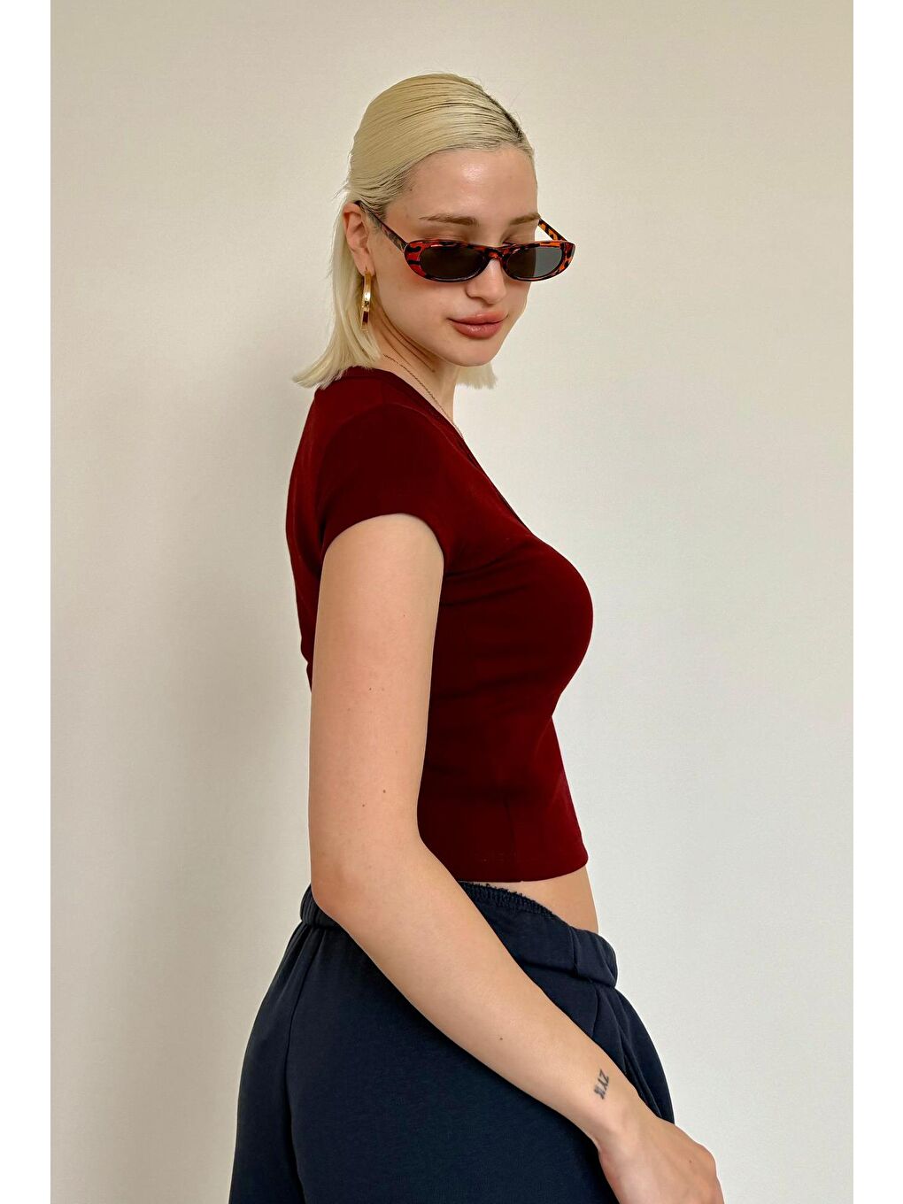 Bordo V Yaka Basic Kadın Tişört Mg2450-7