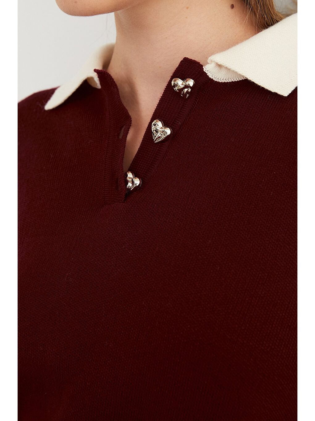 Bordo Basic Gömlek Yaka Yarım Düğmeli Triko Kazak-4