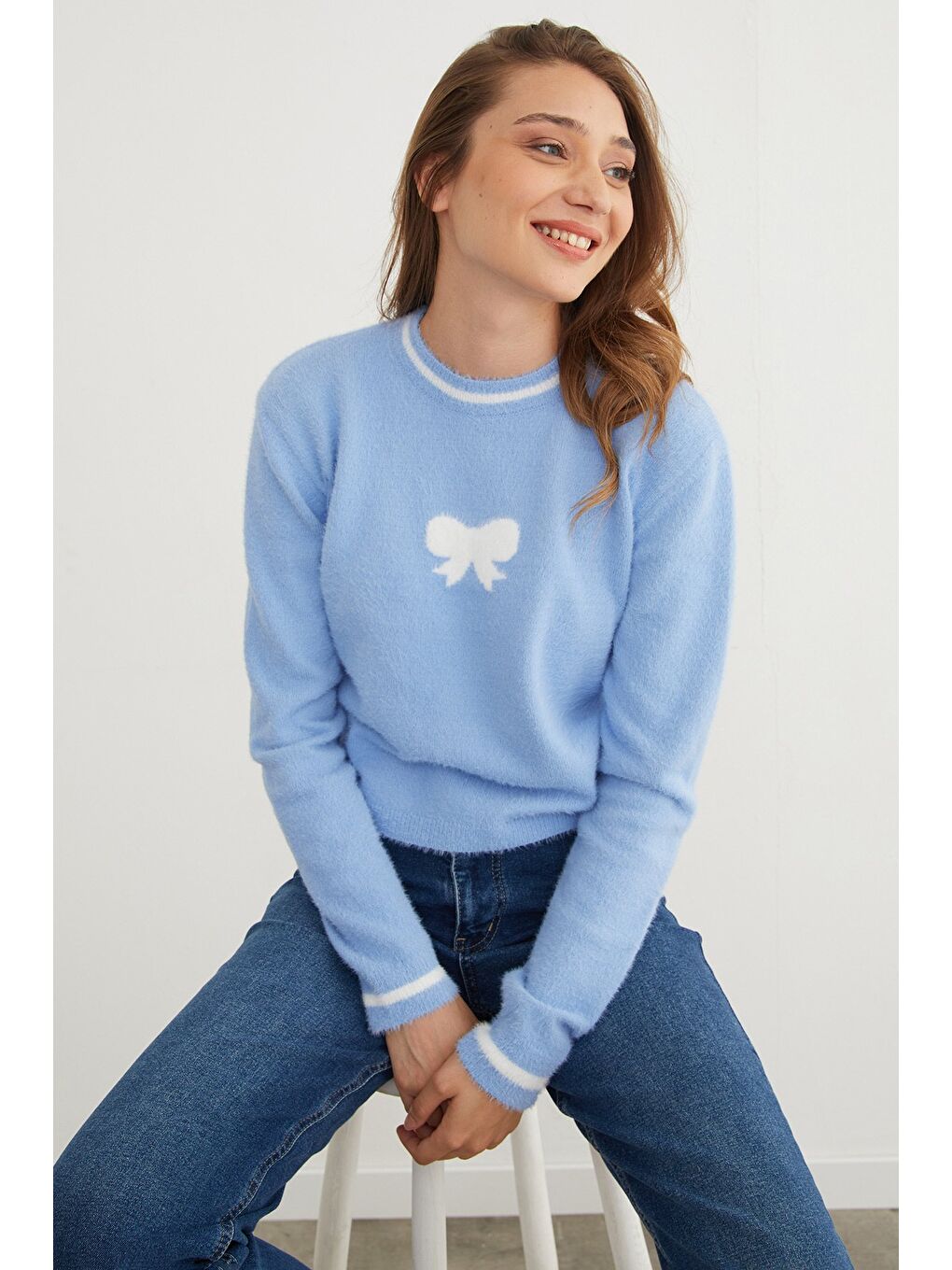 Mavi Kurdele Desenli Bisiklet Yaka Sakallı Kazak-4