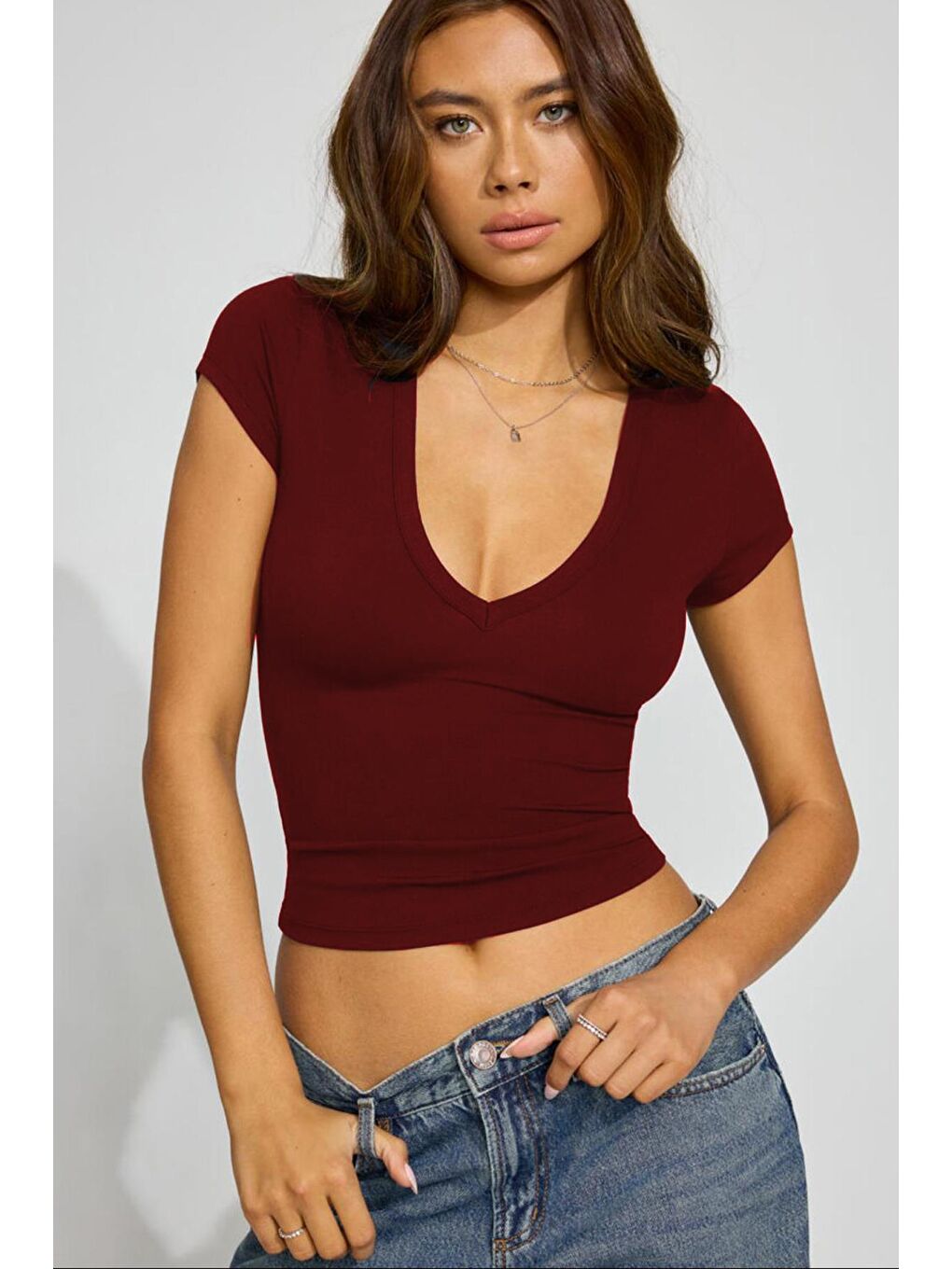 Bordo V Yaka Basic Kadın Tişört Mg2450-9