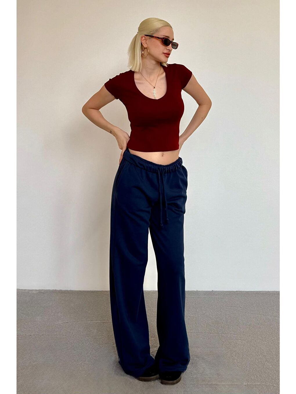 Bordo V Yaka Basic Kadın Tişört Mg2450-10