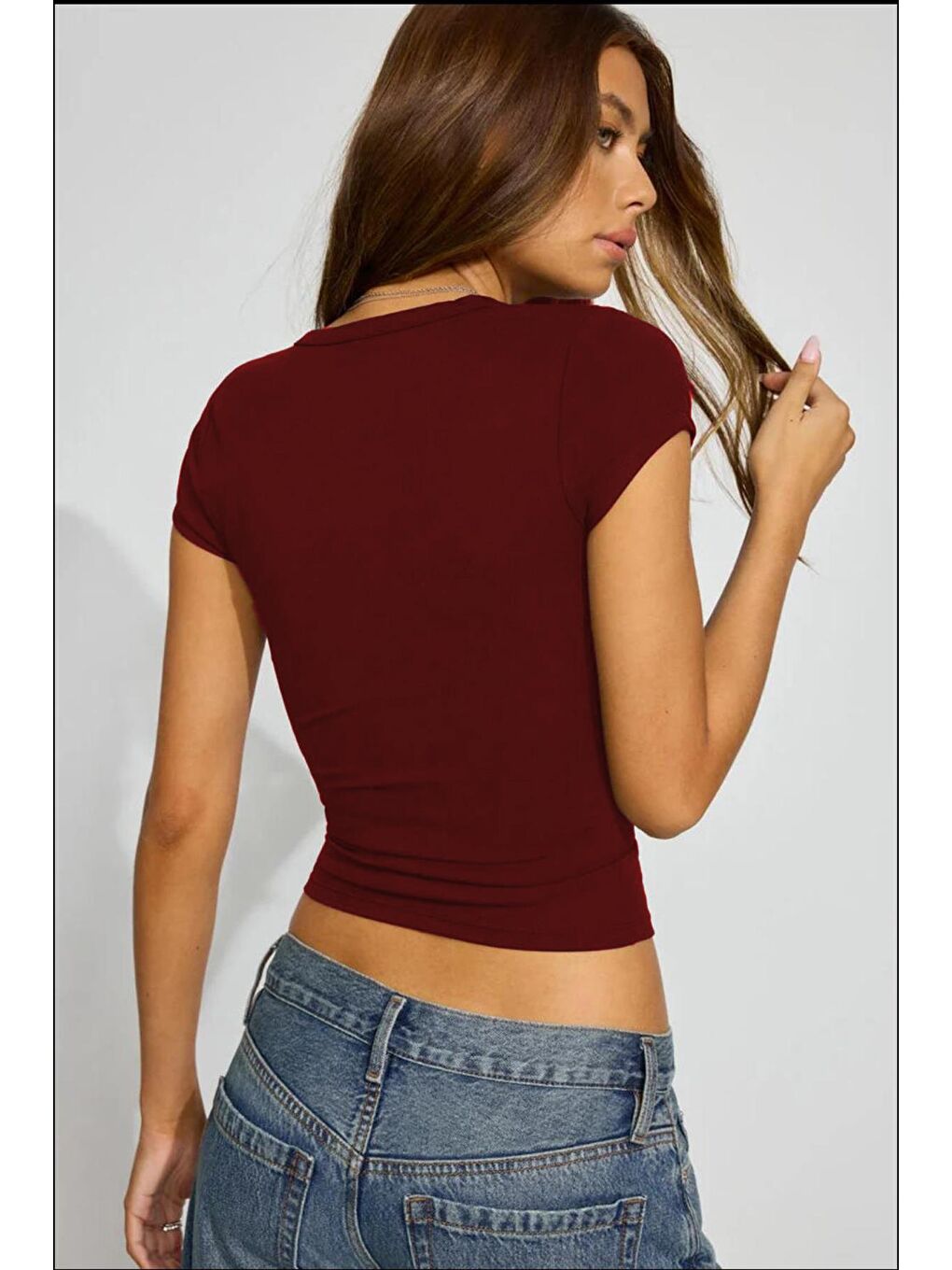 Bordo V Yaka Basic Kadın Tişört Mg2450-11
