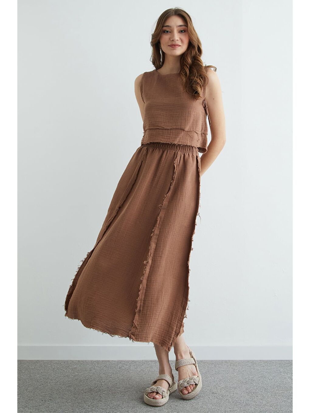 Kahverengi Beli Lastikli Püsküllü Etekli Müslin 2 Li Takım-3