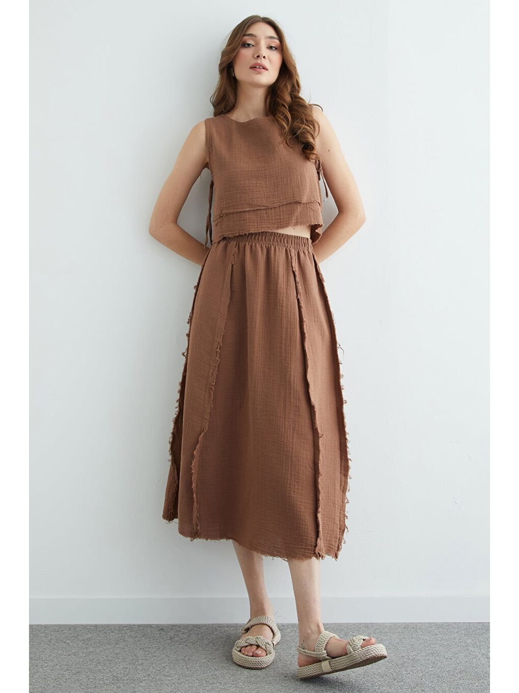 Kahverengi Beli Lastikli Püsküllü Etekli Müslin 2 Li Takım-4