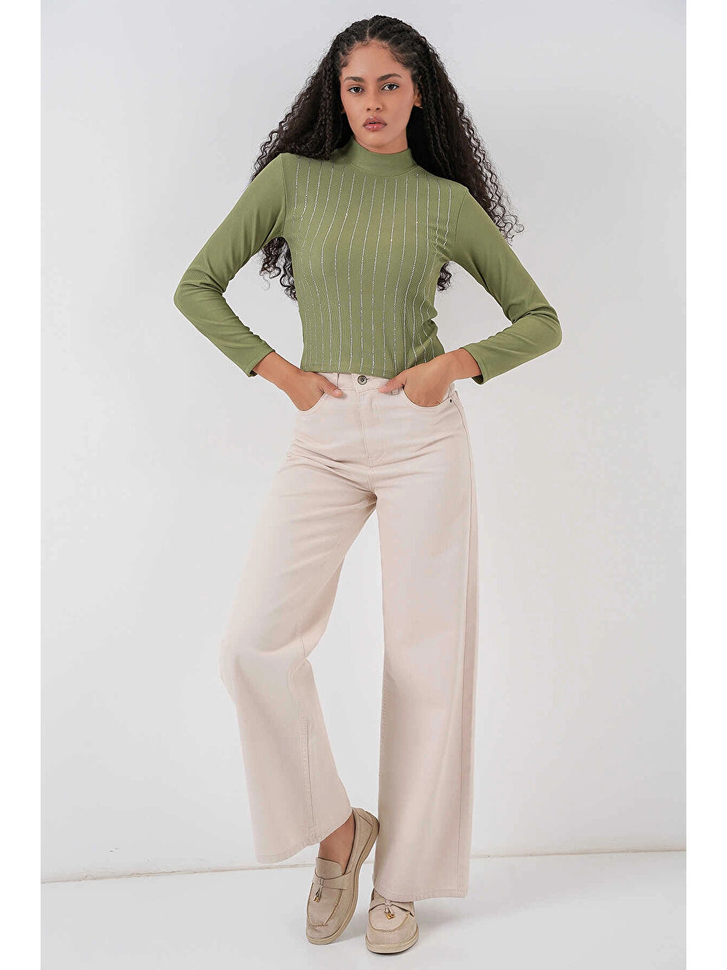 Kadın Çağla Yeşil Yarım Balıkçı Önü Taşlı Body HZL25W-BD19221-2