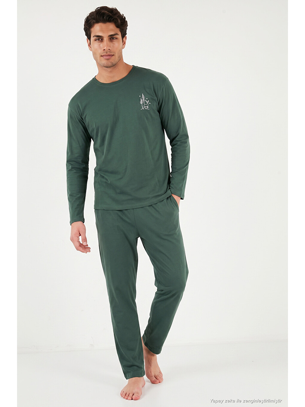 Yeşil Minimal Baskılı Pamuklu Uzun Kollu Pijama Takımı 6575005-1
