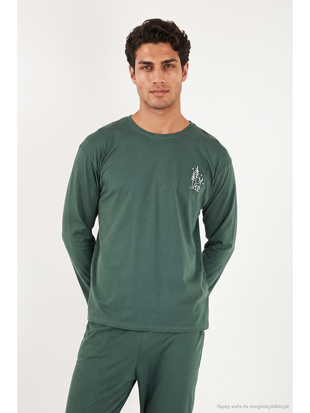 Yeşil Minimal Baskılı Pamuklu Uzun Kollu Pijama Takımı 6575005-2