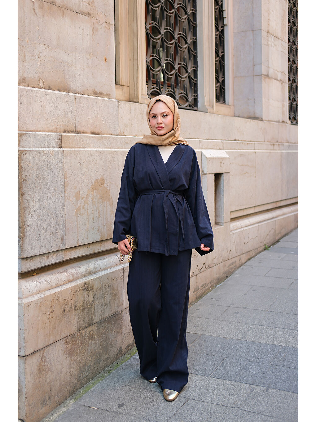 Kadın Kruvaze Yaka Keten Takım Lacivert