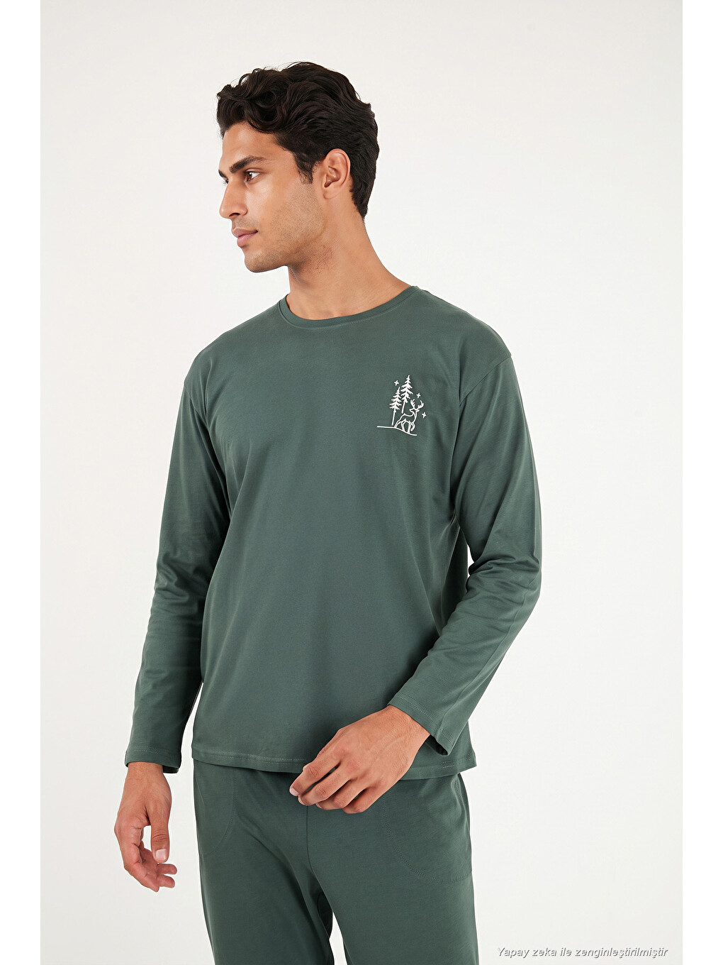 Yeşil Minimal Baskılı Pamuklu Uzun Kollu Pijama Takımı 6575005-3