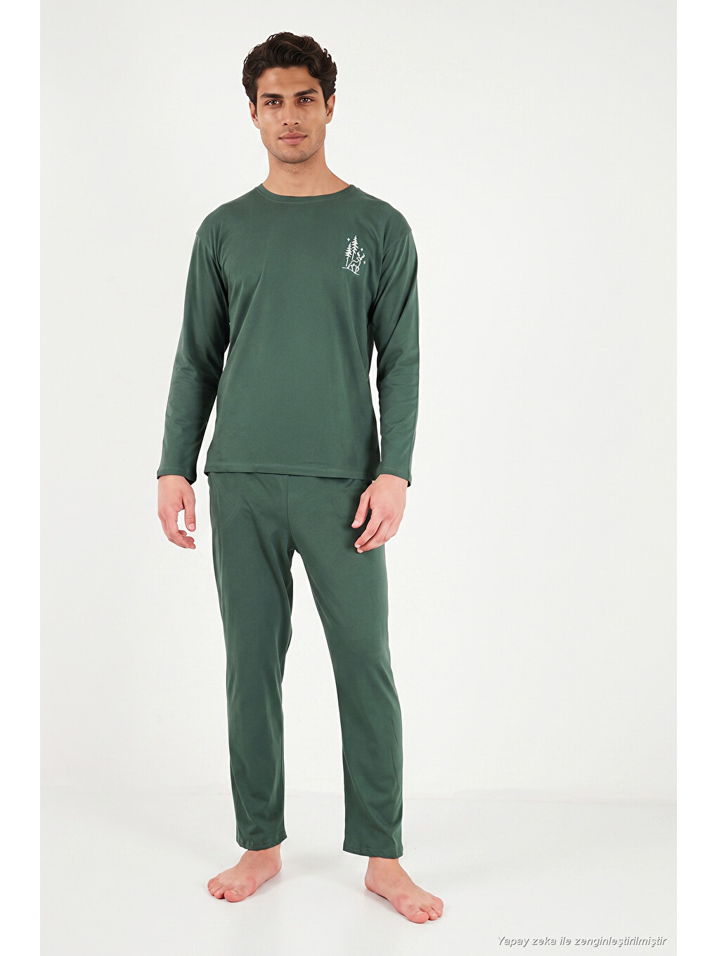 Yeşil Minimal Baskılı Pamuklu Uzun Kollu Pijama Takımı 6575005-4