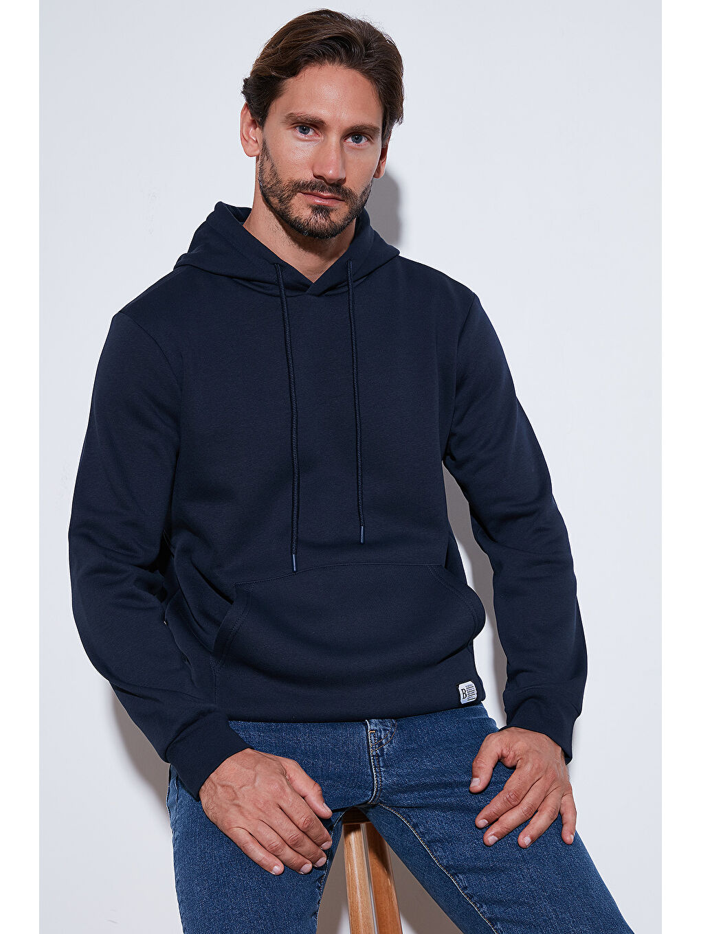 Buratti Koyu Lacivert Slim Fit Kapüşonlu Kanguru Cepli İçi Tüylü Yumuşak Şardonlu Erkek Sweat 5905281