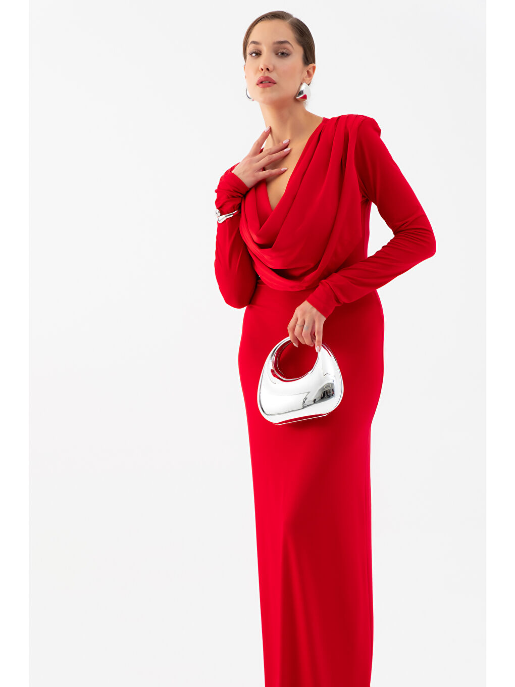 Kadın Kırmızı Pileli Degaje Yaka Elbise-1