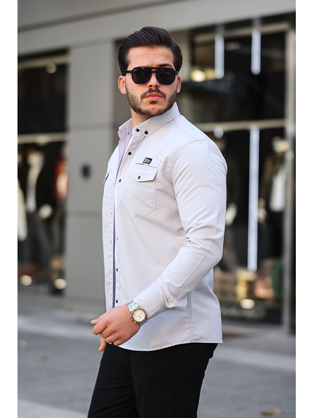 Gri Erkek Çift Cep Paraşüt Kumaş Gömlek-1