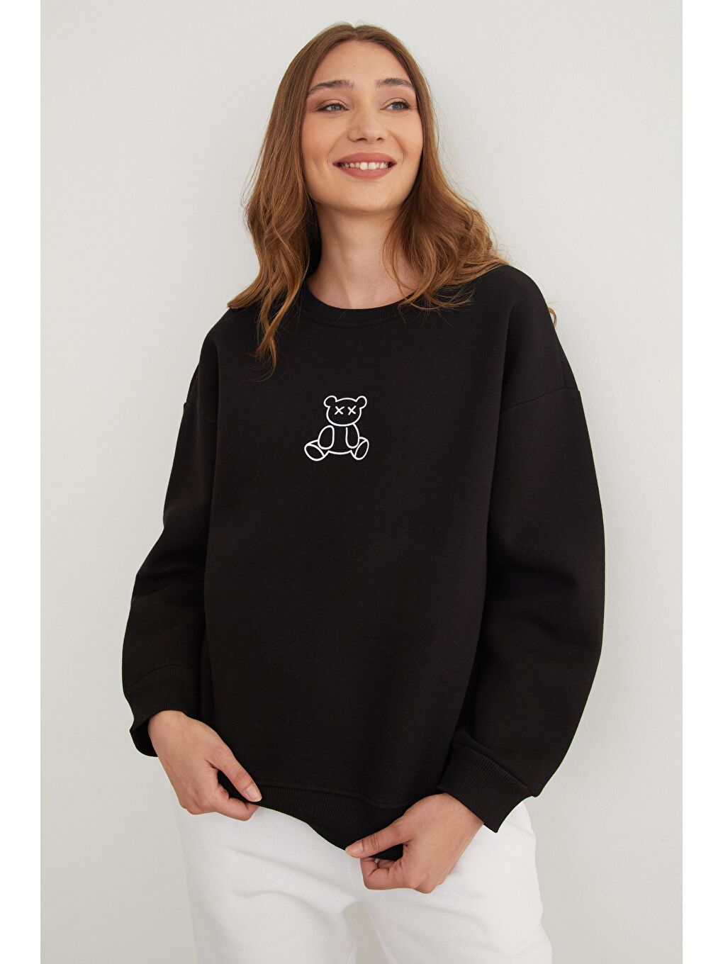 Siyah 3 İplik Ayıcık Baskılı Bisiklet Yaka Sweatshirt-3
