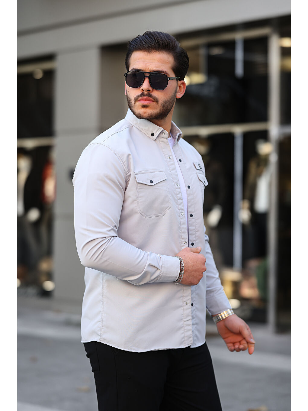 Gri Erkek Çift Cep Paraşüt Kumaş Gömlek-2