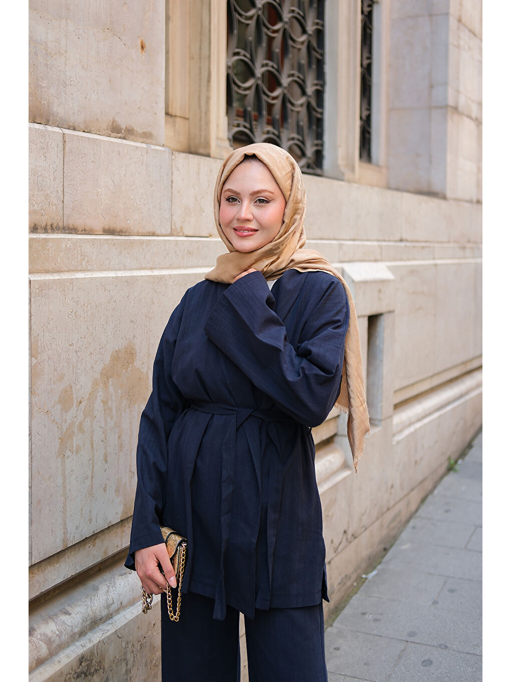 Kadın Kruvaze Yaka Keten Takım Lacivert-1