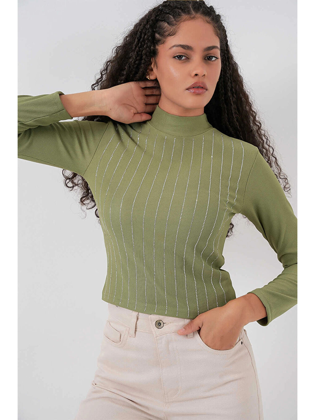 Kadın Çağla Yeşil Yarım Balıkçı Önü Taşlı Body HZL25W-BD19221-4