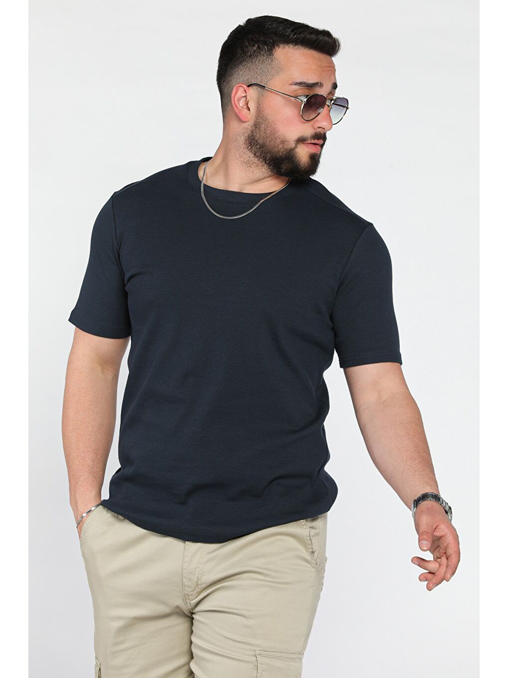 Lacivert Erkek Bisiklet Yaka Tişört-1