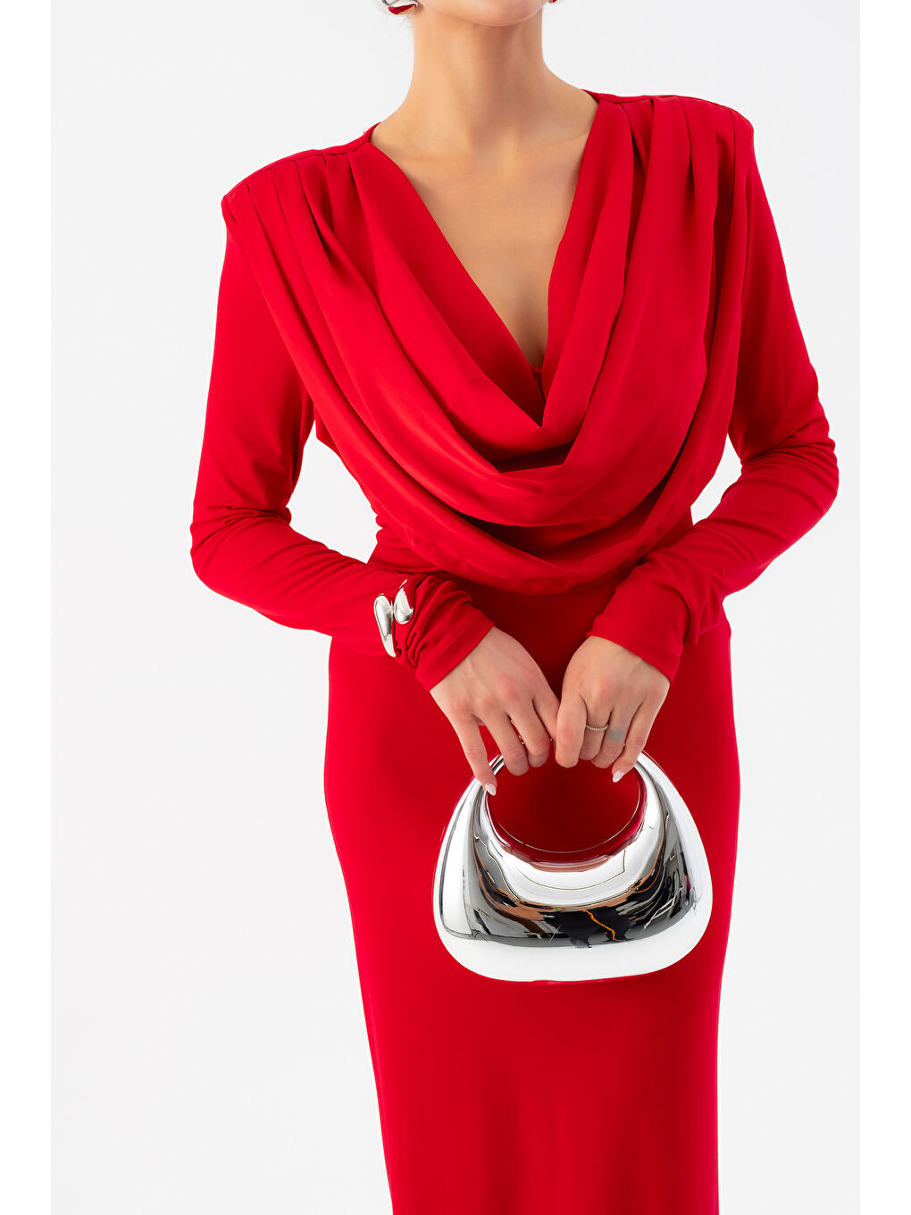 Kadın Kırmızı Pileli Degaje Yaka Elbise-3