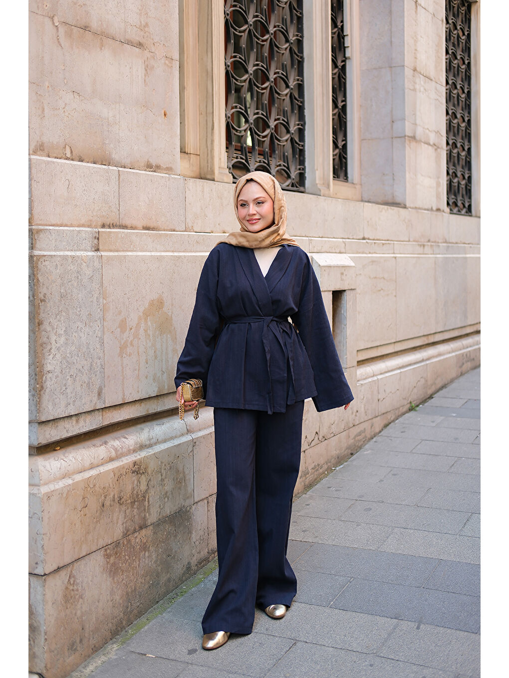 Kadın Kruvaze Yaka Keten Takım Lacivert-2