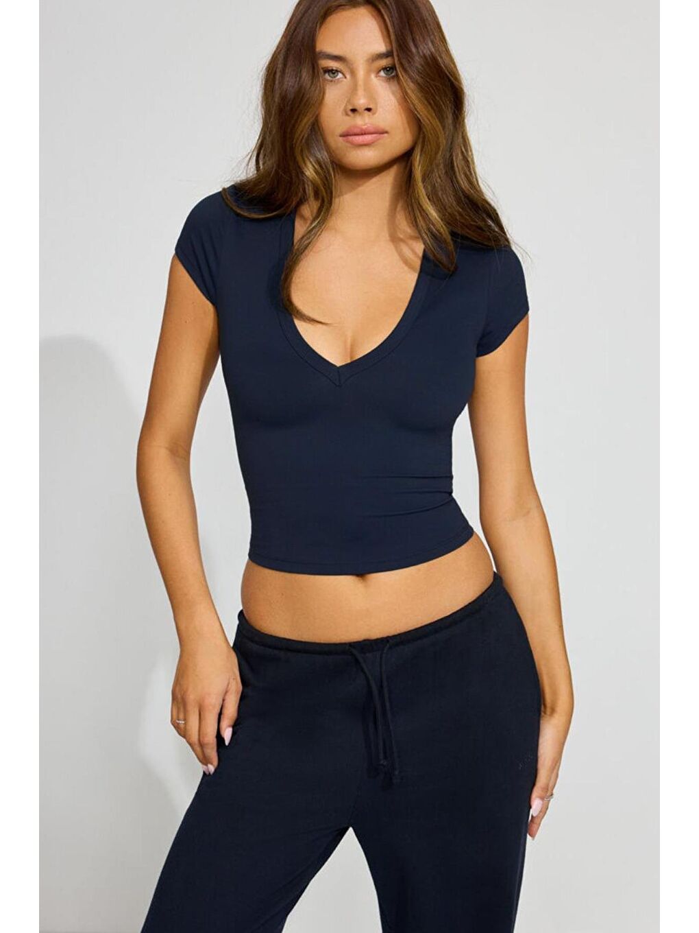 Lacivert V Yaka Basic Kadın Tişört Mg2450-3