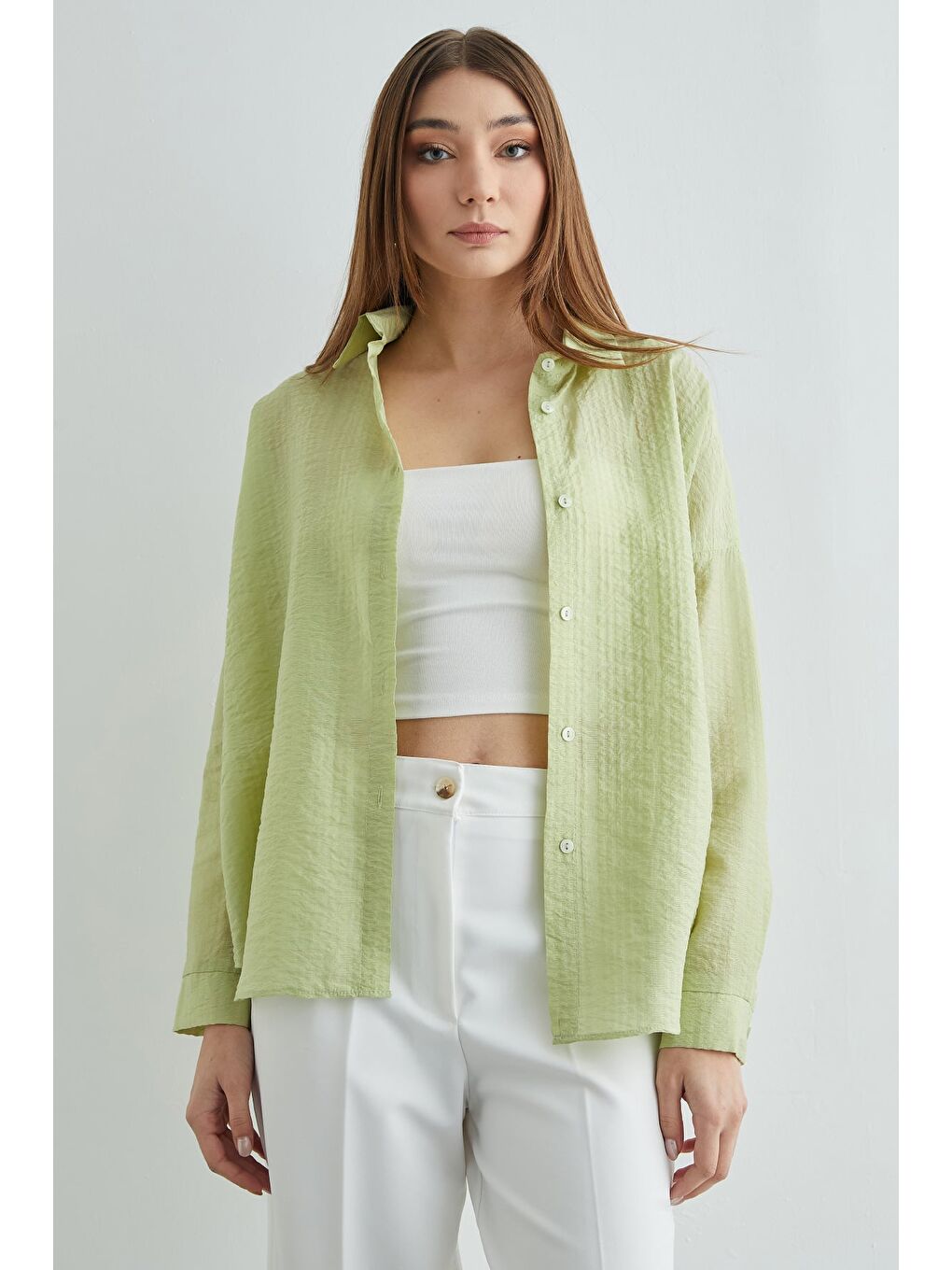 Yeşil Basic Düğmeli Krinkıl Gömlek-1