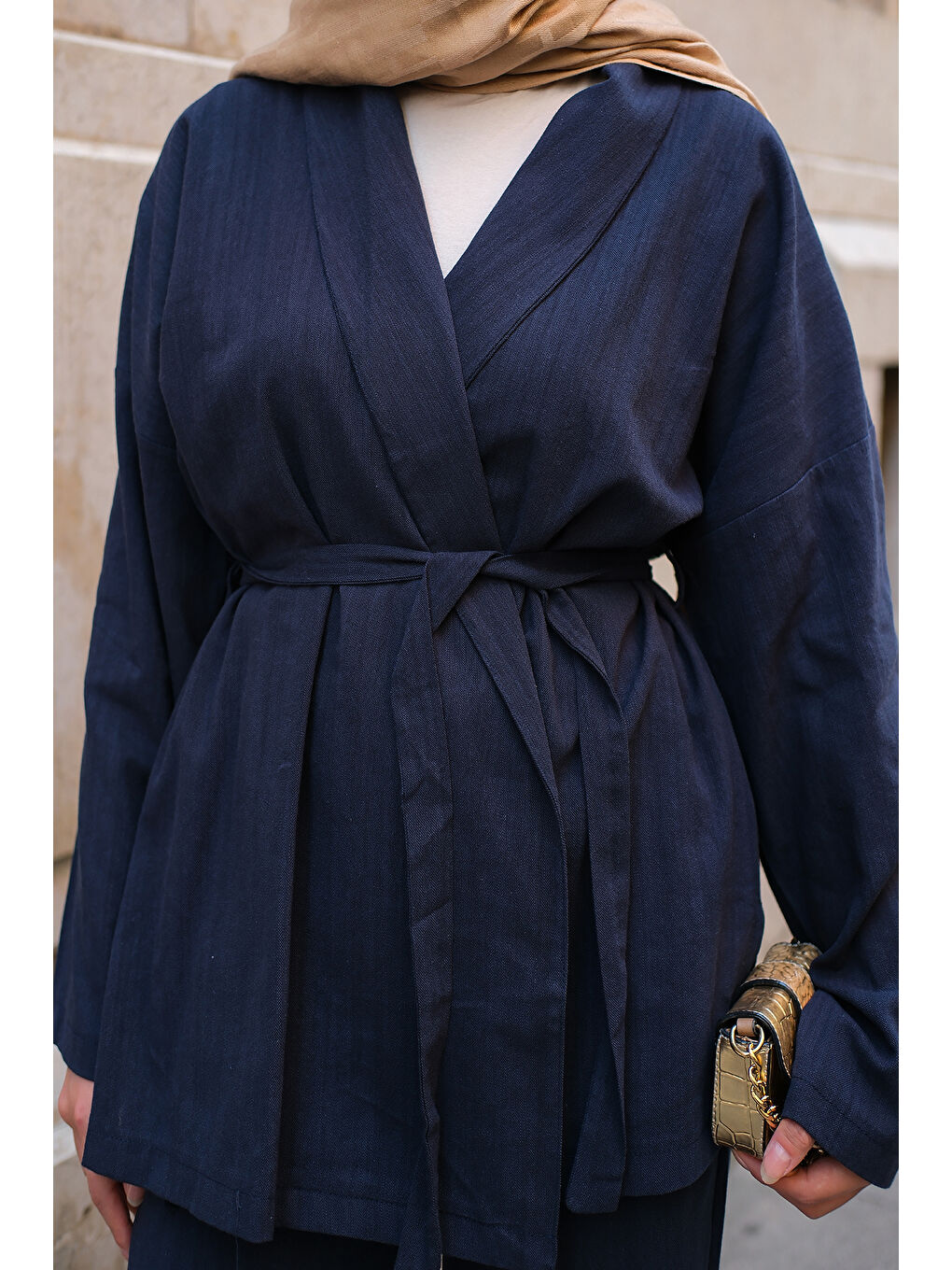 Kadın Kruvaze Yaka Keten Takım Lacivert-3