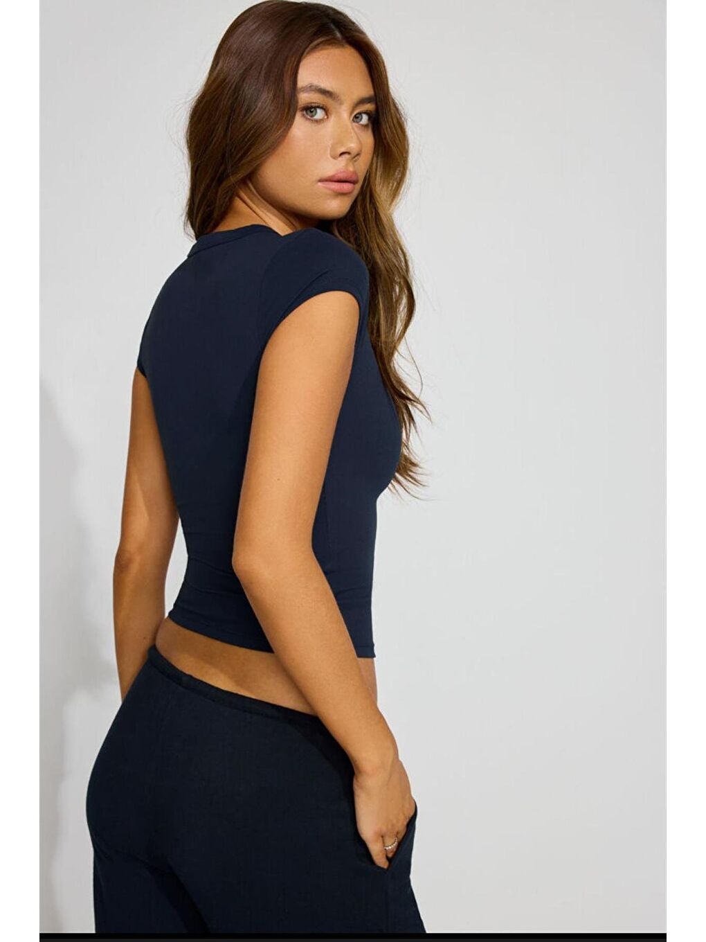 Lacivert V Yaka Basic Kadın Tişört Mg2450-5