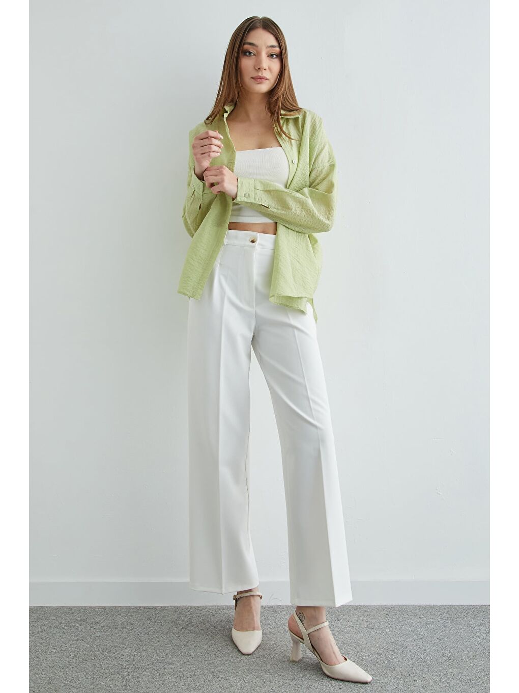 Yeşil Basic Düğmeli Krinkıl Gömlek-2