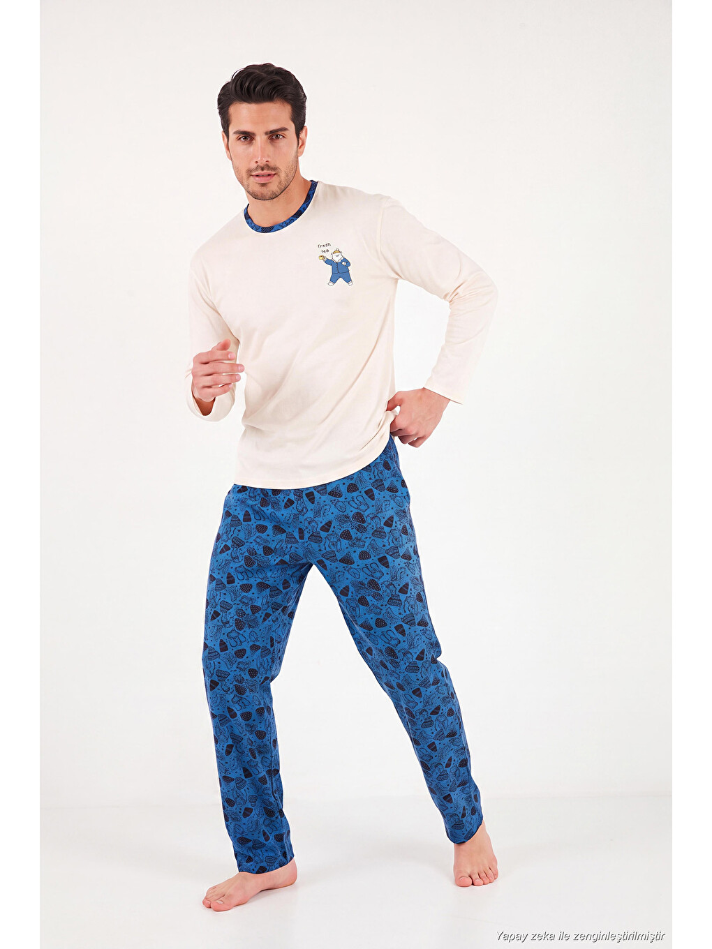 İndigo Baskılı Pamuklu Bisiklet Yaka Uzun Kollu Pijama Takımı 6575004-1