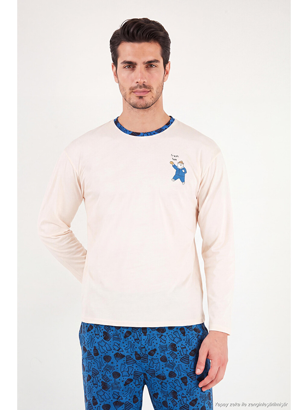 İndigo Baskılı Pamuklu Bisiklet Yaka Uzun Kollu Pijama Takımı 6575004-2