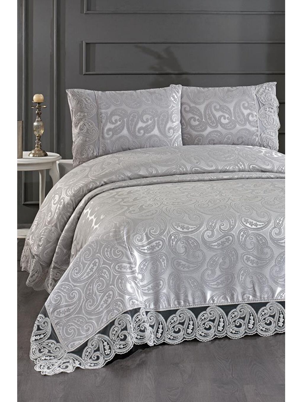 Şal 3 Parça Çift Kişilik Yatak Örtüsü Gri