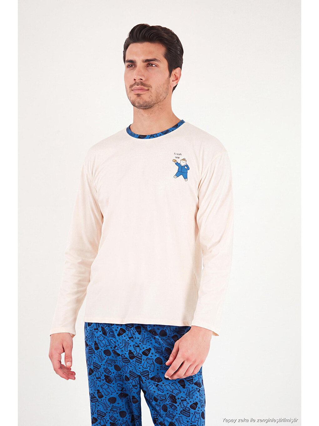 İndigo Baskılı Pamuklu Bisiklet Yaka Uzun Kollu Pijama Takımı 6575004-3