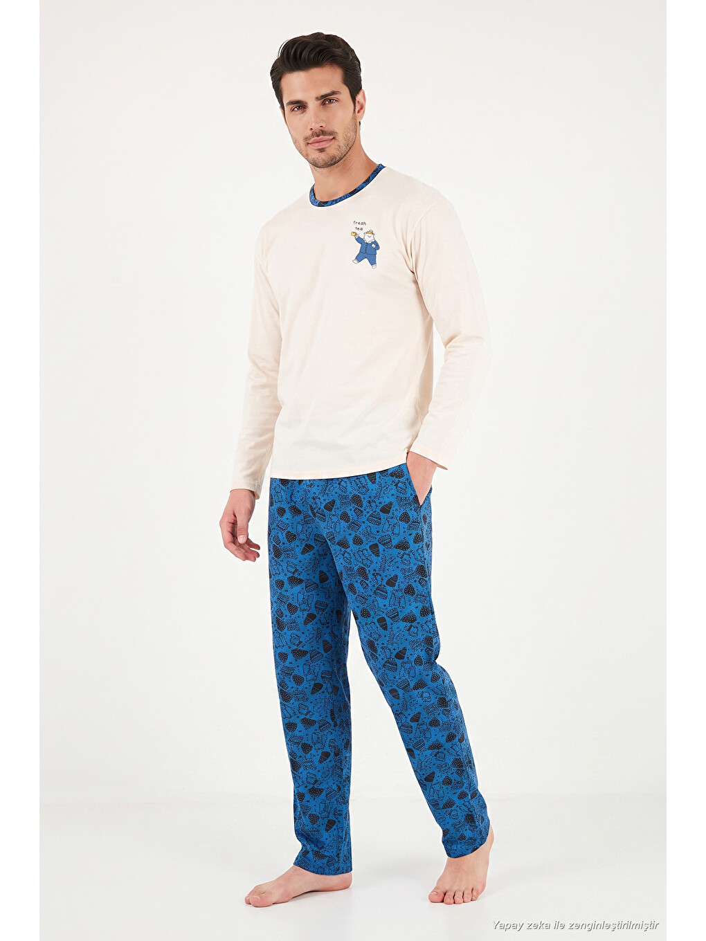 İndigo Baskılı Pamuklu Bisiklet Yaka Uzun Kollu Pijama Takımı 6575004-4