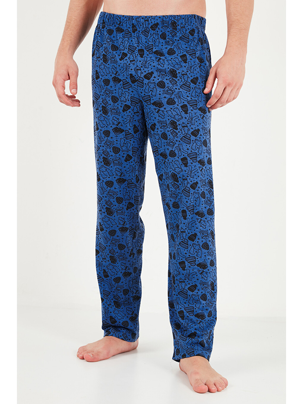 İndigo Baskılı Pamuklu Bisiklet Yaka Uzun Kollu Pijama Takımı 6575004-5