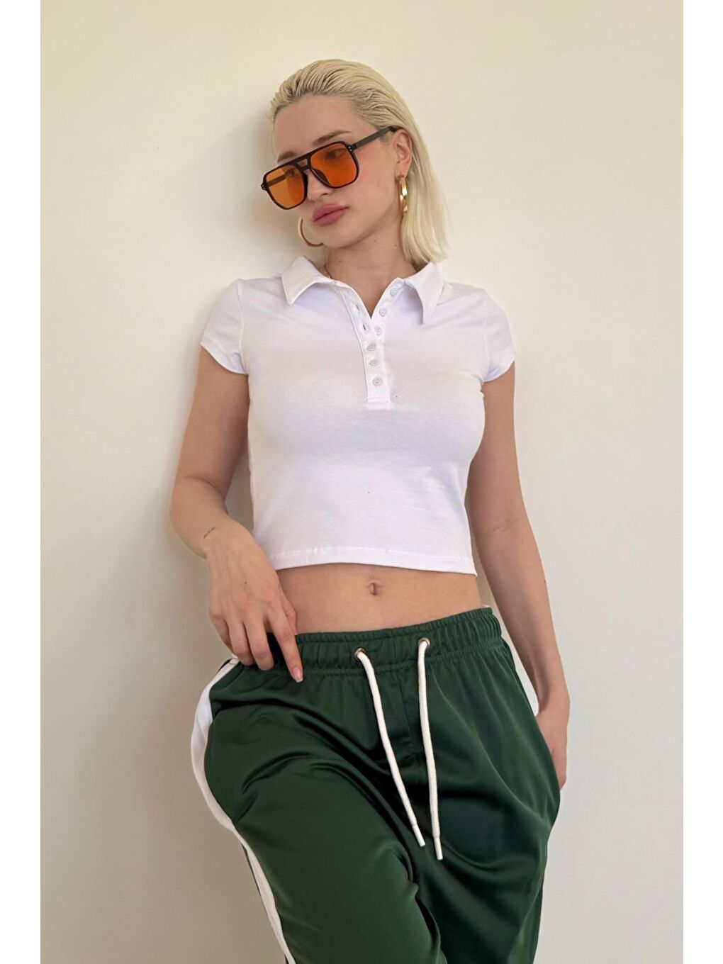 Beyaz Polo Yaka Basic Kadın Tişört Mg2455-2