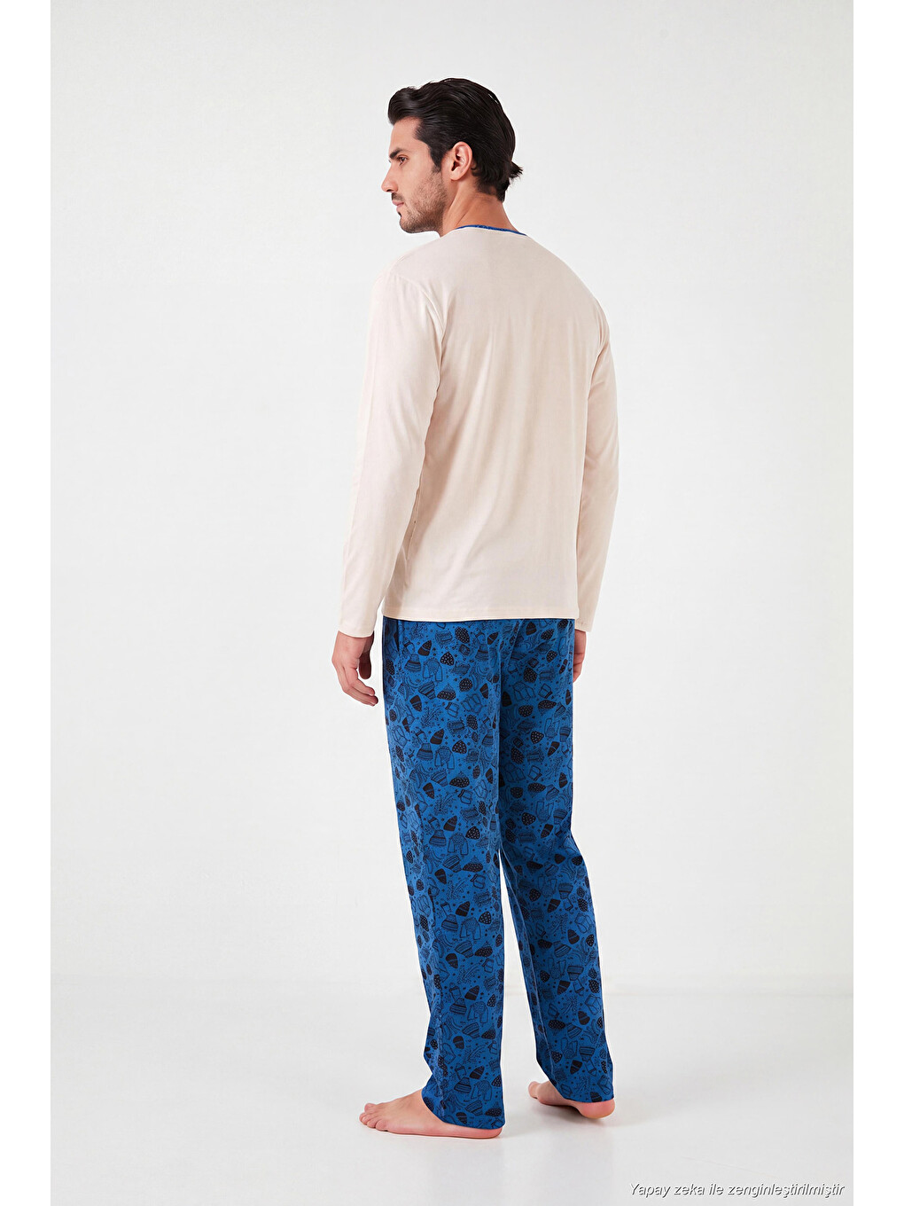 İndigo Baskılı Pamuklu Bisiklet Yaka Uzun Kollu Pijama Takımı 6575004-6
